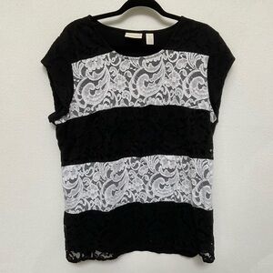 Chico's Black, White Striped Lace Front Cap Sleeve Top Size 2 US L/12